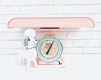 PINK Baby SCALE | Vintage (c. 1950s-1960s) Hanson Nursery Scale | Painted Metal Infant Scale with Tray | Retro Baby Photography Prop