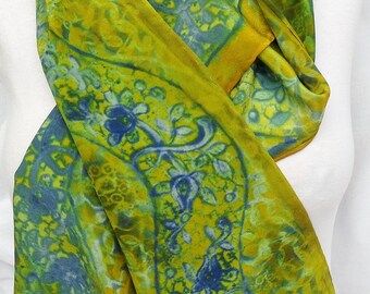silk scarf long crepe Spring Paisley hand painted chartreuse blue wearable art women navy grass green morgansilk