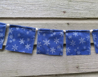Small Prayer Flags, Playroom Decor, Fabric Bunting Banner, Upcycled, Wall Decor, Photo Prop, Holiday Decor, Snowflakes, Blue and Silver