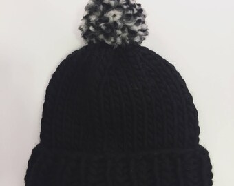 Chunky Knitted Beanie Hat + Pom Pom (100% Wool) - Black/Mix Contrast
