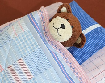 Patchwork quilt doll bedding blue white pink stripes patches doll accessories bedroom doll mattress pillow blanket Calico quilt gift present