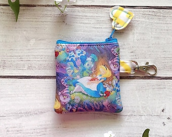 Alice in Wonderland mini zipper pouch, coin pouch, ear bud pouch, eco friendly vegan leather