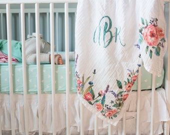 Floral swaddle - organic swaddle, personalized blanket, monogram baby, peonies blanket, organic receiving, natural baby, watercolor woods