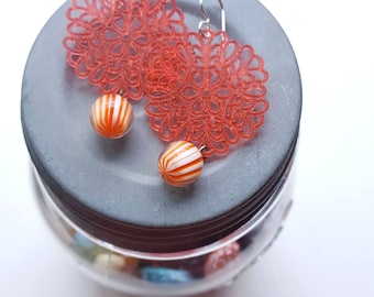nudibranch earrings - vintage lucite and sterling - salmon pink orange stripes - lacy earrings