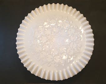 Milk Glass Cake Stand, Fenton Spanish Lace Cake Plate, Vintage Glass Wedding Cake Stand, Cake Plate with Crimped Edges