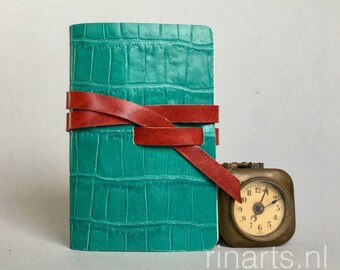 Leather travel journal / sketch book / leather notebook in green turquoise croco print leather and red leather strap.