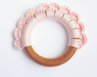 Baby Girl Gift, Baby Girl Toy, Pink Crochet Baby Teether, Crochet Teether, Wooden Baby Toy, Girl Baby Shower Gift, Baby Teething Toy