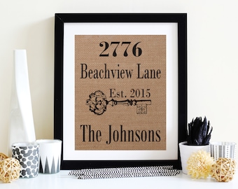 New Home Gift - Our First Home Housewarming Gift - Address Sign - Burlap Home Decor - Burlap Sign
