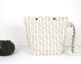 Knitting project bag with snaps, sock project bag with leaves, minimal zipperless storage bag