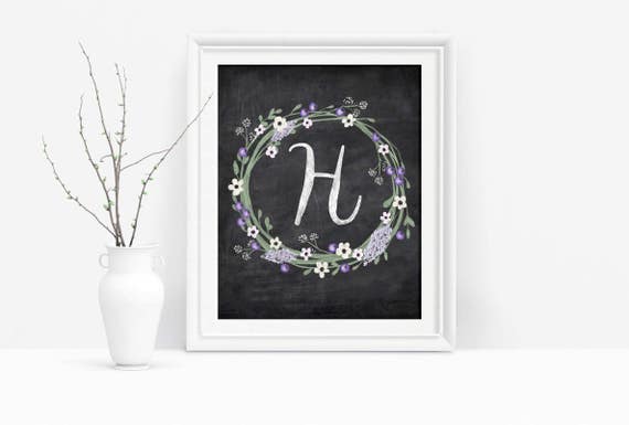 Items similar to Letter H Monogram Printable Chalkboard Floral Wreath
