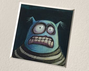 NEW MINIATURE! "Dune McShakes", original miniature mixed media 2" x 2" matted to 6x6" monster, silly, blue guy, illustration, painting
