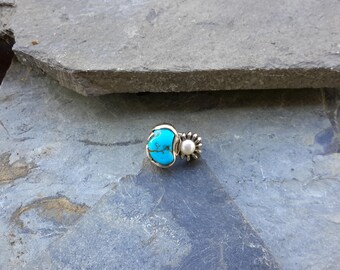 No. 108 Bisbee Turquoise and Pearl Ring .950 Sterling Silver