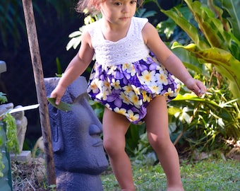 Romper "Kia'helava" purple frangipani sunset sunsuit, playsuit, baby girls, plumeria, islander style