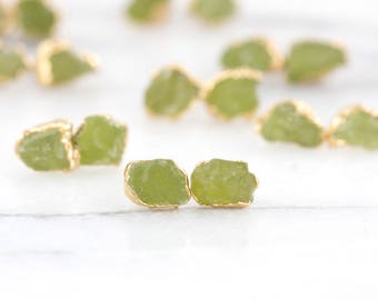green peridot studs | raw peridot earrings | august birthstone studs | raw crystal earrings | natural peridot earrings | green stone studs