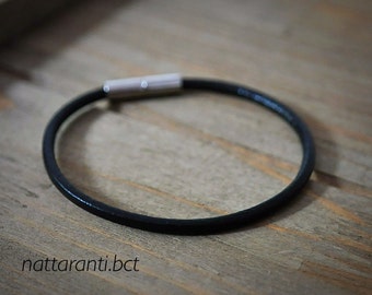 LEATHER bracelet handmade with plug in end black easy to button up subtle elegant single fit charms