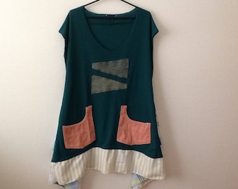 Funky Geometric Sleeveless Tunic. Upcycled Clothing Refashioned Shabby Eclectic Unique Lagenlook Top. Women's Plus Size 2x to 3x.