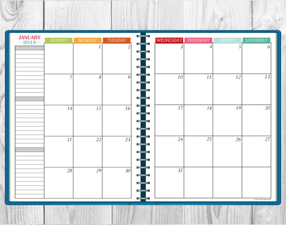 Printable Multi Color 2018 Monthly Calendar Two Page Spread
