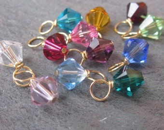 Swarovski Birthstone Charms, Stitch Markers, Birthstone Necklace Charms, Bead Dangles, 6mm Swarovski Bicones, Set of 12, Gold