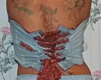 Distressed Denim Lace Up Corset Top For Ladies, One Size, Adjustable, Faded Denim Bustier, Lace Insert Crop Top, Strapless Bustier, Denim