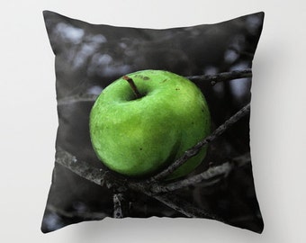 Pillow Cover, Green Apple Pillow, Apple Photo Pillow, Black Green Throw Pillow, Living Room Decor, Bedroom Decor, 16x16 18x18 20x20 Pillow