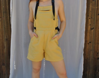 Yellow short overalls // vintage shortalls + festival wear + adjustable + small + medium