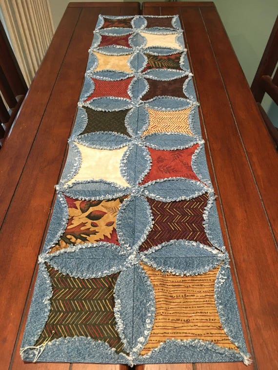 Rag Quilt Runner Fall Raggy Denim And Fabric Table Runner 6644