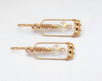 Wire wrapped earrings, gold dangle earrings, clear crystal jewelry, 14k gold filled, jewelry handmade
