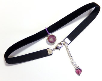 Purple Choker Necklace, Black Velvet Choker, Glass Pendant Necklace, 90s Jewelry, Grunge, Retro