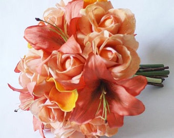 Peach, coral, bouquet, Real Touch flowers, silk wedding flowers, roses, calla lilies, oriental / tiger lilies