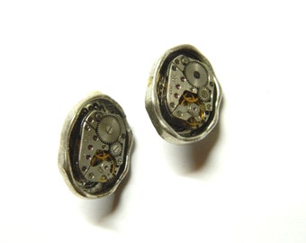 Steampunk clip earrings "Ellipses", old silver colored metal, old clockwork, handmade decorated, interesting gift for woman, birthday