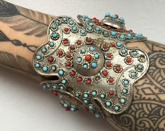 Vintage boheme handcuff with blue and red beads