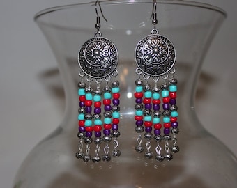 Stunning, Ethnic, Boho Stylin, Chandelier Earrings. Colorful, Boho, Earrings. Multi Colored Chandeliers. Beautiful Floral Filigree Designs.