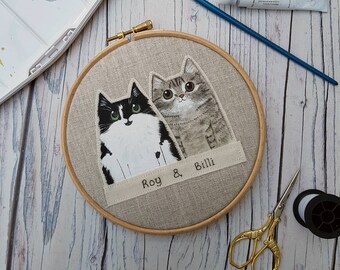 Aangepaste kat portret - twee katten portret - drie katten portret - aangepaste huisdier portret - gift van de minnaar van de kat - kat hoepel kunst
