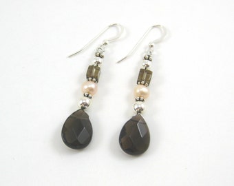Smoky Quartz and Peach Pearl Earrings (E82)