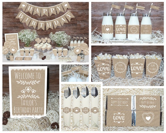 Rustic Birthday Decorations Printable First Party Decors Burlap Natural Package Rustic Birthday Decorations Printable First Party Decors Burlap Natural Package