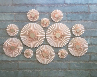 SET OF 12 - Peach Paper Rosettes / fans, Table Backdrop, Hanging Décor.