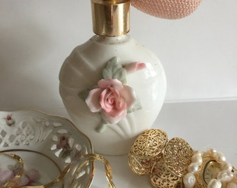 Vintage Porcelain Perfume Bottle, Pink Rose Perfume Bottle