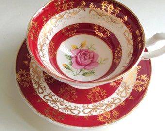 Crimson Pink Rose Royal Grafton Tea Cup and Saucer, Tea Set, Teacup and Saucer, Antique Teacups, Tea Cups and Saucers, Red Cups, Tea Sets