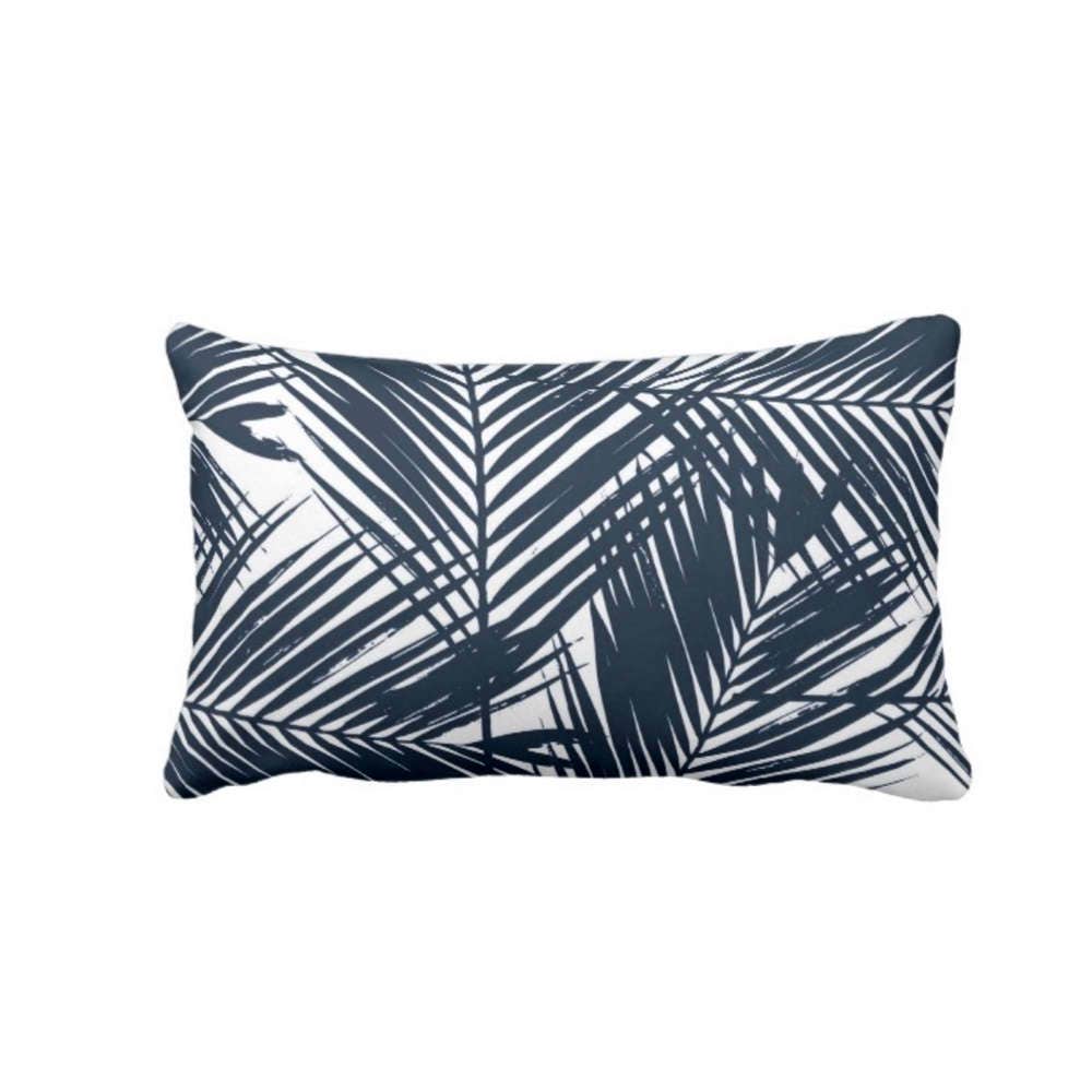 palm leaves throw pillow cover navy white print 14 x 20 lumbar