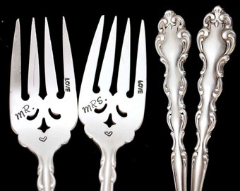 Mr Mrs Fork, Stamped Vintage Forks, Something Old Engraved Wedding Silverware Luncheon Fork Engagement Gift Ornate Silverware