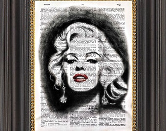 Marilyn Monroe Wall Art, Original Painting Print on Antique Dictionary Paper, Marilyn Art on Vintage Dictionary Page, Dictionary Art Print,