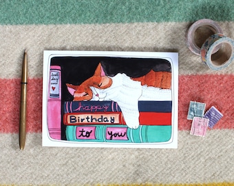 Birthday Card - Cat Birthday Card - Blank Birthday Card - Books and Cats - Blank Cat Birthday Card - Illustrated Card - Birthday Cat
