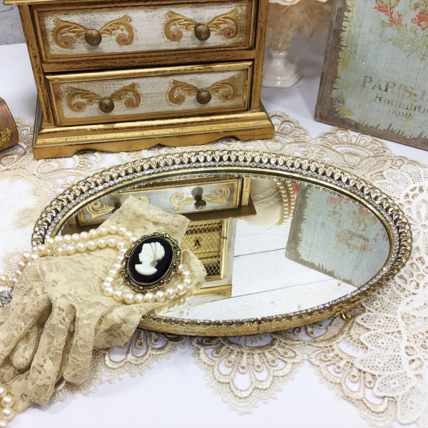 Vintage Rhinestone & Gold Filigree Vanity Mirror Tray Dresser Vanity