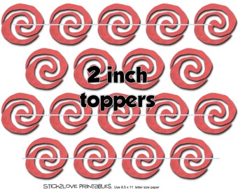 Red Swirl Moana Te fiti heart topers 2 " circles cupcake toppers stickers