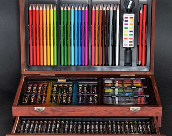 Art101 99-Piece Wood Artist Kit Set Pencils Pastels Watercolor Acrylic Wood Case MiNTY UnUSED !