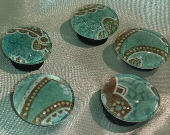 Teal and Brown Paisley Glass Marble Magnets