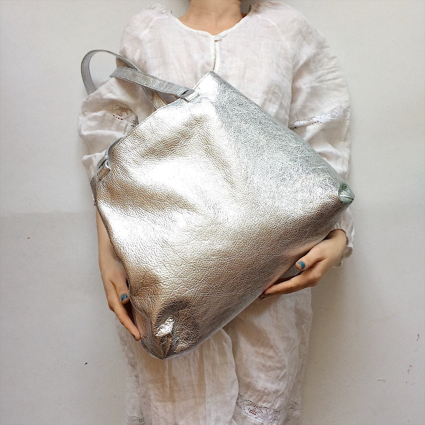 Silver Leather Tote Bag Big Hobo Bag Silver Bag Shoulder 