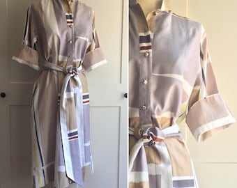 Vintage 80s Catherine Ogust Color Block Dress, 70s 80s Vintage Cotton Dress White, Gray, Yellow, Taupe and Rust Brown Color Block Dress