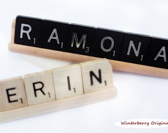 Personalized Desk Sign - Scrabble Tiles on Woodgrain Base - Co-Worker Gift, Stocking Stuffer