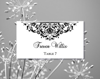 Place Card Printable Template Grace Black Editable Worddoc Tent Avery 5302